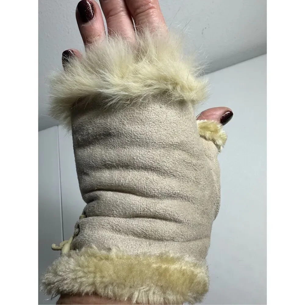 Women’s Faux Suede Fingerless Gloves Tan Beige One Size Rabbit Fur Trim Lace Up